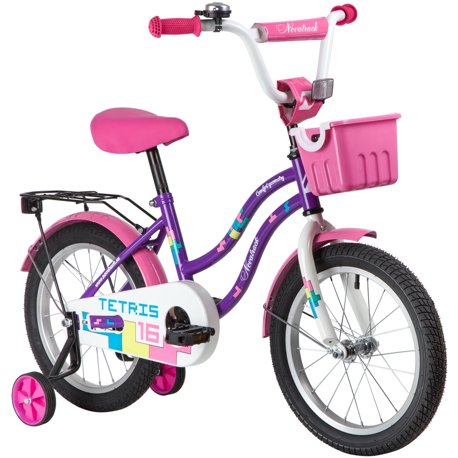 Велосипед NOVATRACK 16" TETRIS фиолетовый, тормоз нож, крылья цвет, багажник, корзина, полная защ.це