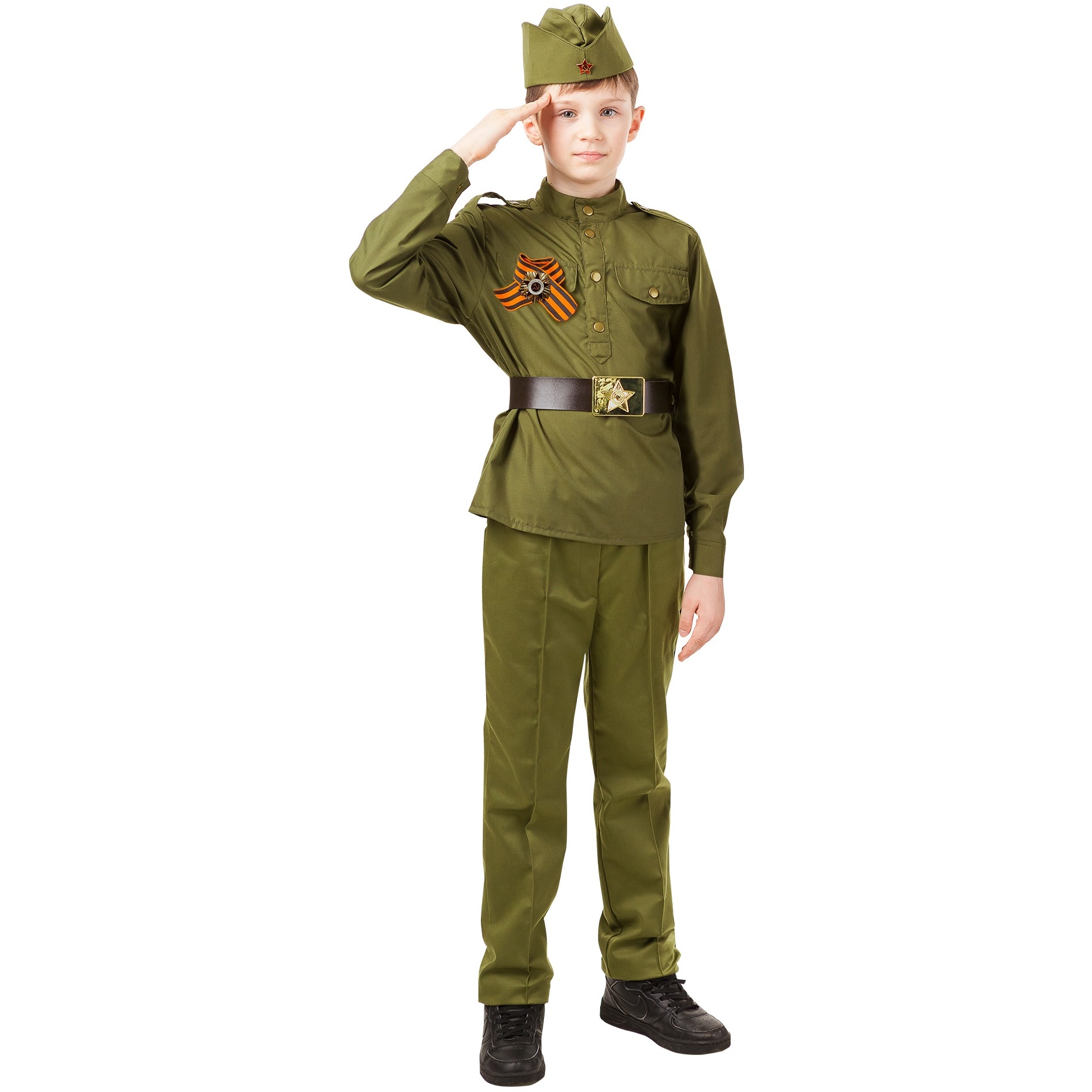Карнавальный костюм "Солдат хлопок" (гимнастерка,брюки,пилотка,ремень,георгиевская лента) р.116-60