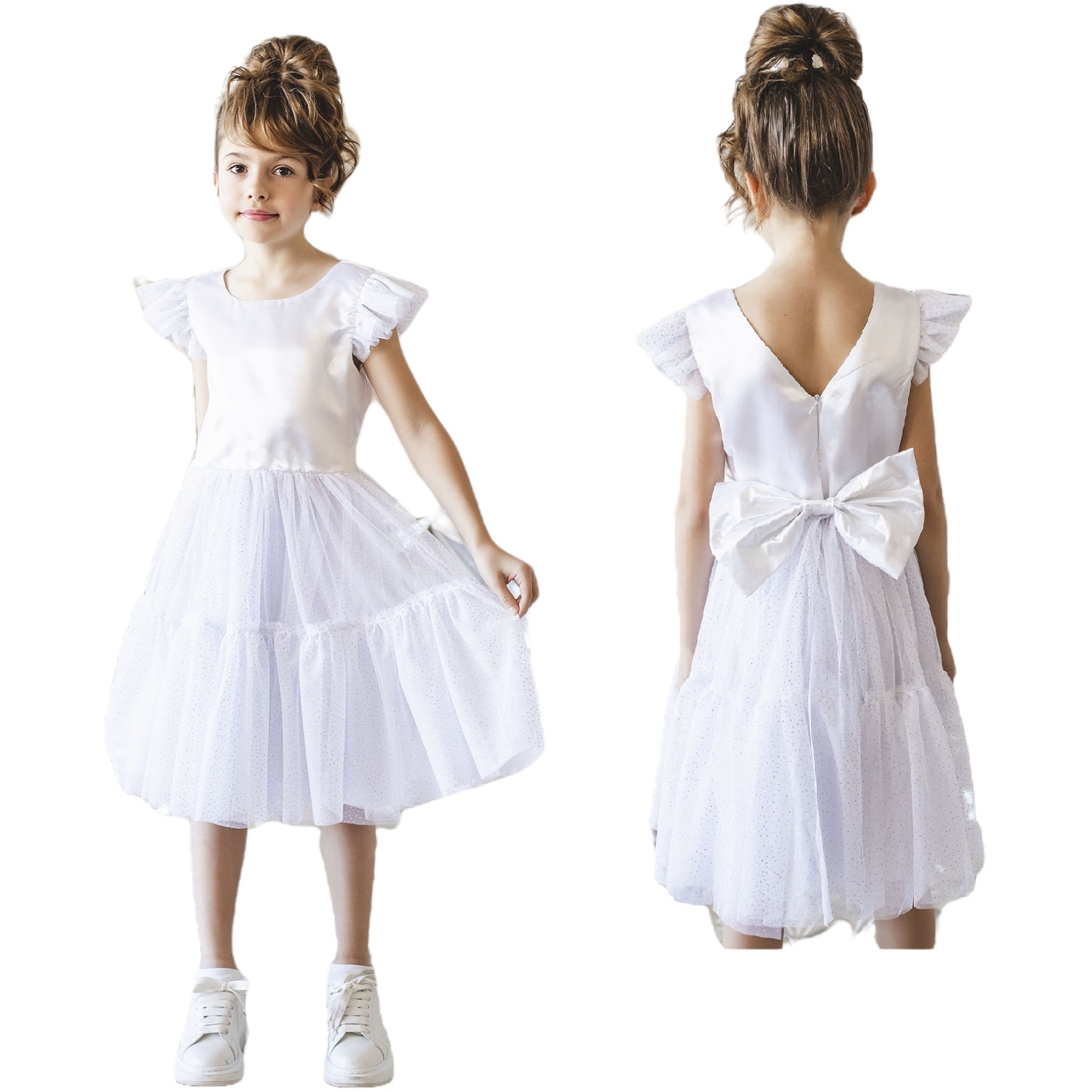 Платье б/р 104 "Жасмин" юбка сетка бант на поясе белый 002 п22