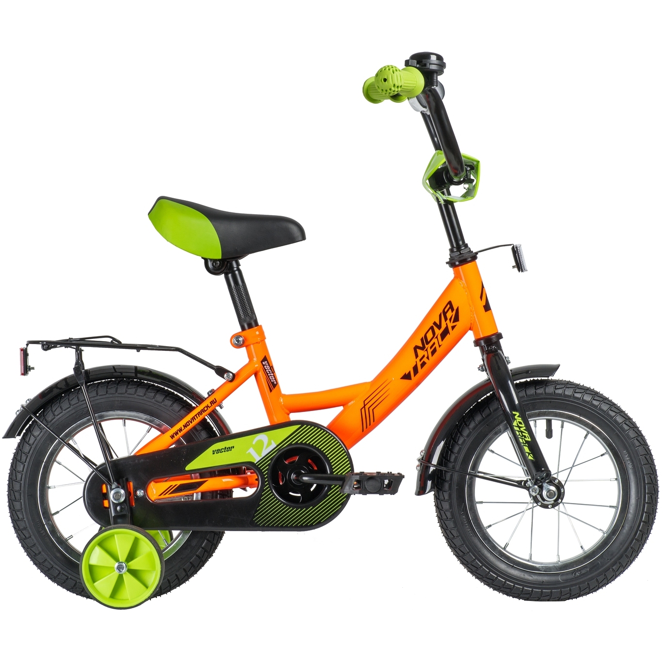 Велосипед NOVATRACK 12" VECTOR оранжевый, тормоз нож., крылья и багажник чёрн., полная защита цепи 1