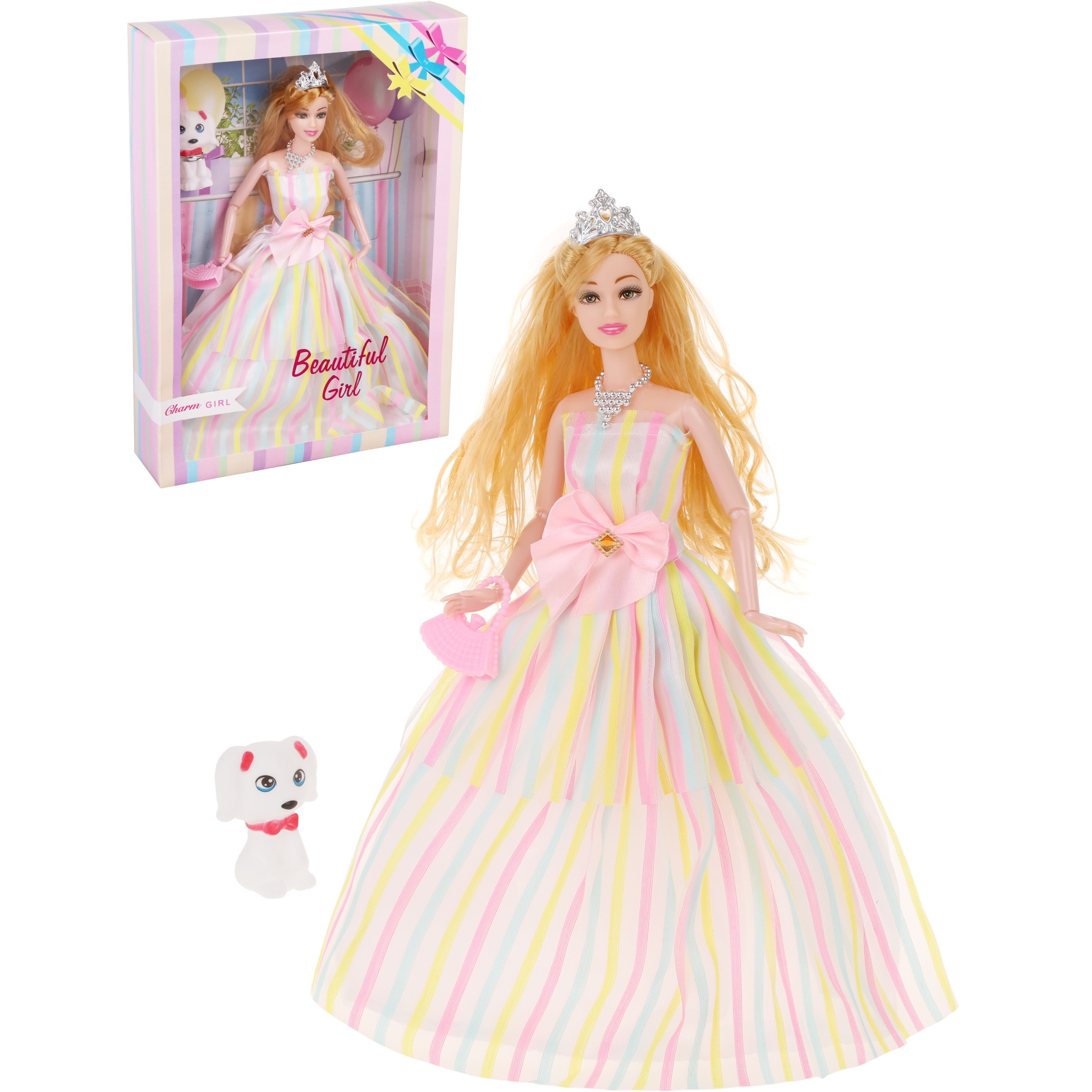 Кукла "Модница" в полосатом платье (питомец, сумка, 32 см)