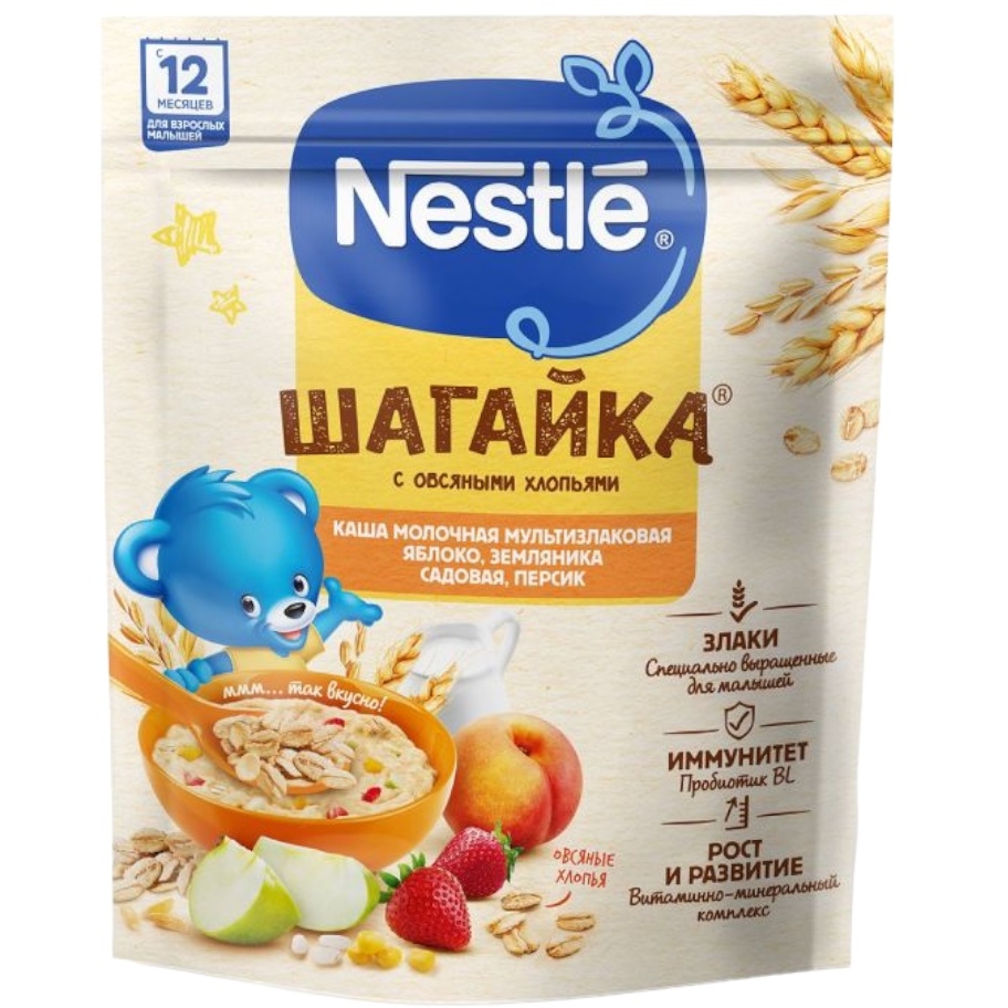 Каша молочная Nestle Шагайка Яблоко-Земляника-Персик (190 г.)