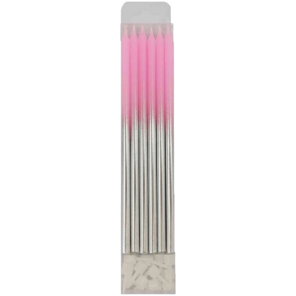 Свечи "Металлик" Pink & Silver с держателями (15 см, 12 шт)