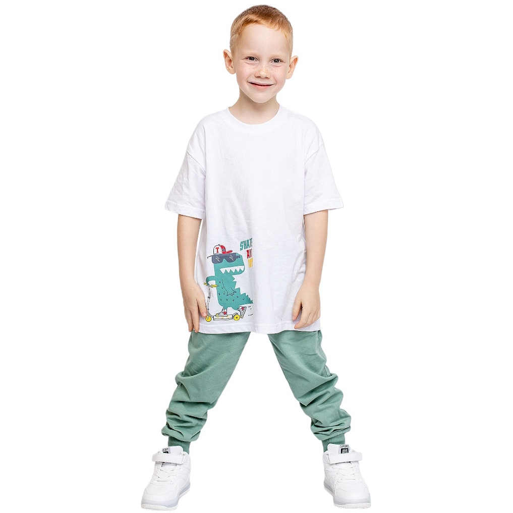 Пижама д/м 110 Дино на самокате футболка +брюки белый/зеленый 014_ОП23