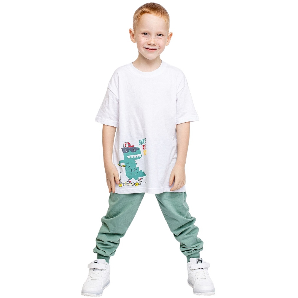 Пижама д/м 104 Дино на самокате футболка +брюки белый/зеленый 014_ОП23