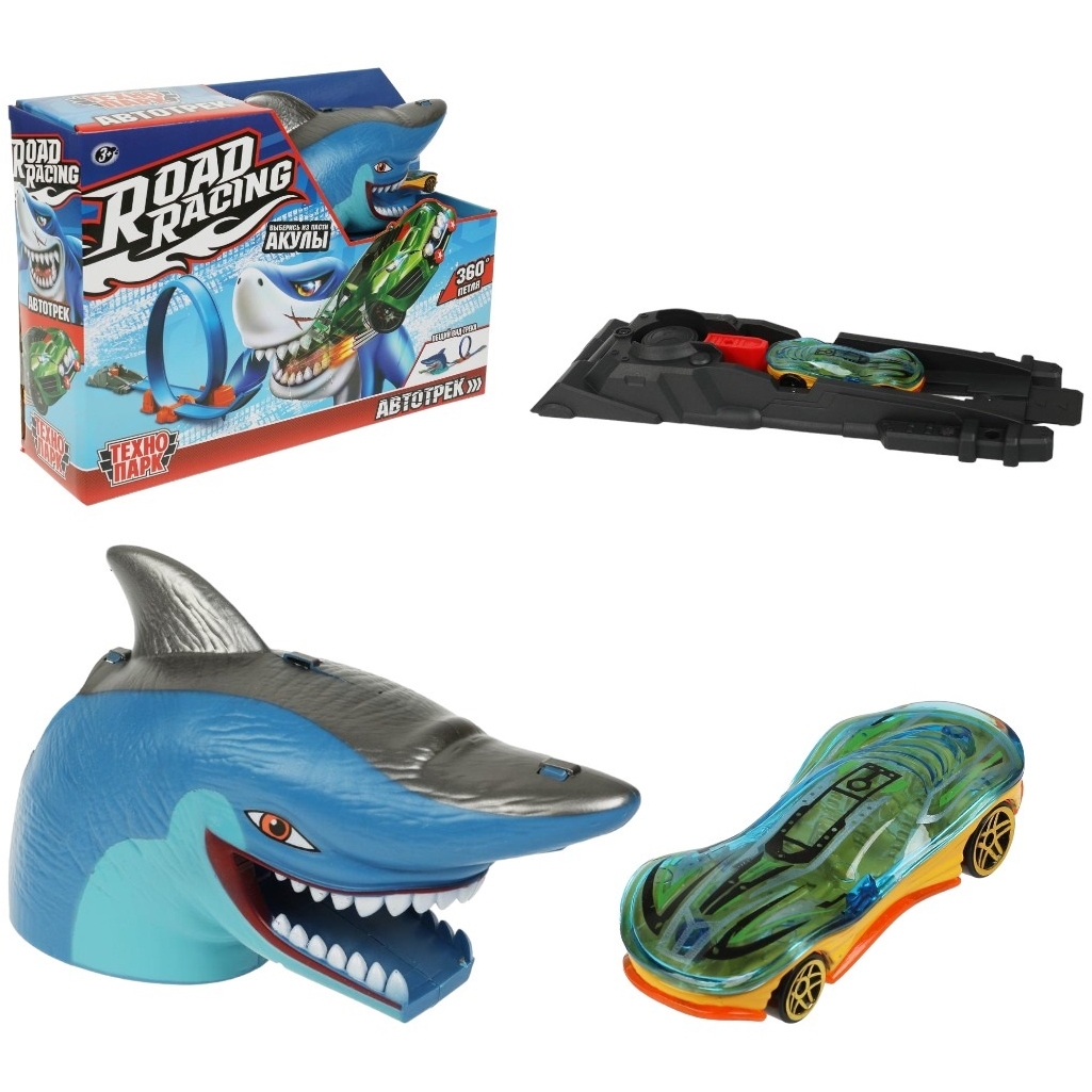 Игрушка пластик ROAD RACING автотрек с акулой. 1 машинка, 1 петля, кор. Технопарк в кор.2*15шт RRТRК257R