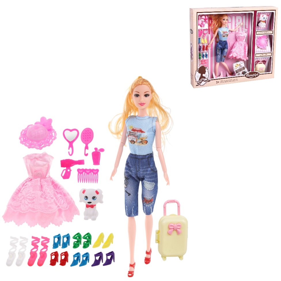 Кукла "Мой гардероб" (8 пар обуви, платье, шляпка, питомец, 29 см)