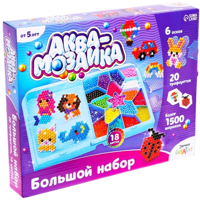 ЭВРИКИ Аквамозаика "Большой набор", 20 трафаретов, 4 основы, 1500 бусин 7009659 7009659