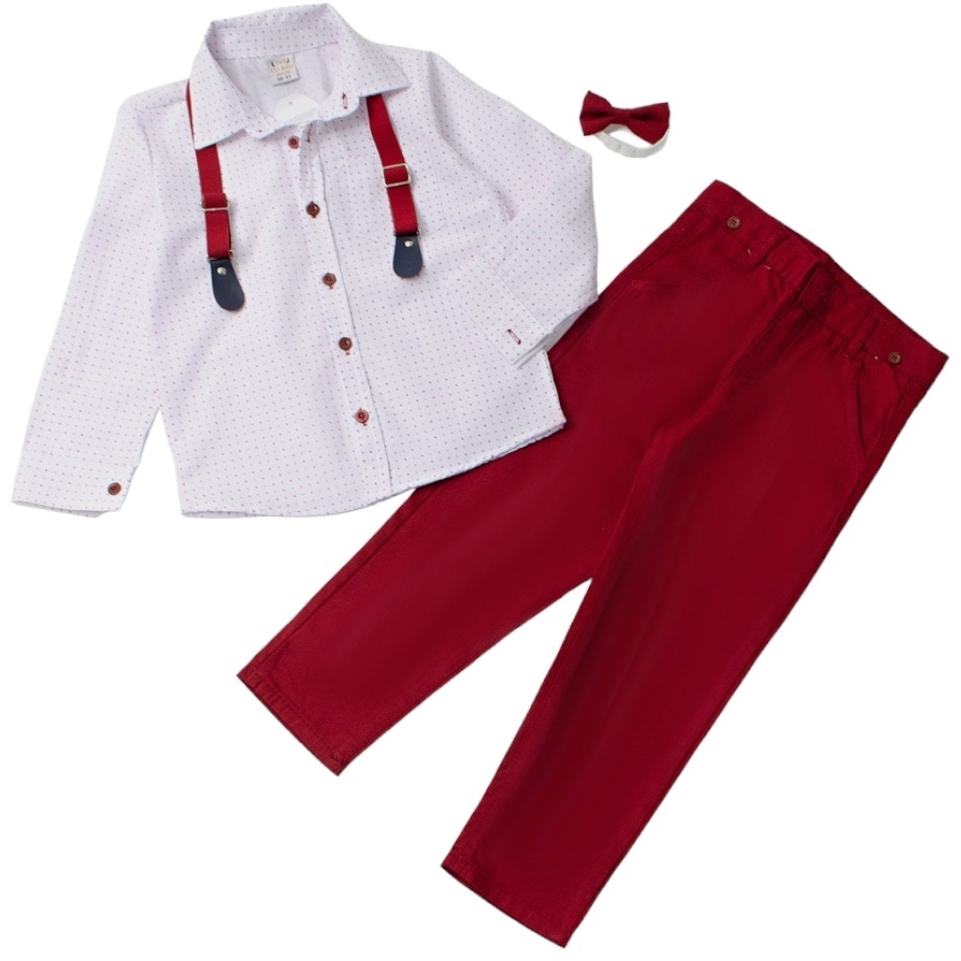 Костюм д/м 98 рубашка с бабочкой +брюки с подтяжками белый/бордовый 4006
