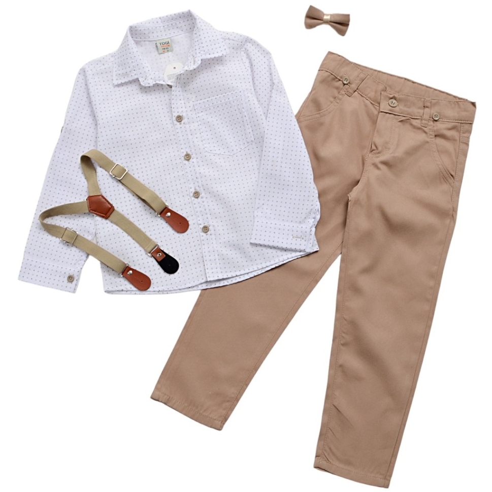 Костюм д/м 116 рубашка с бабочкой +брюки с подтяжками белый/бежевый 2401-1