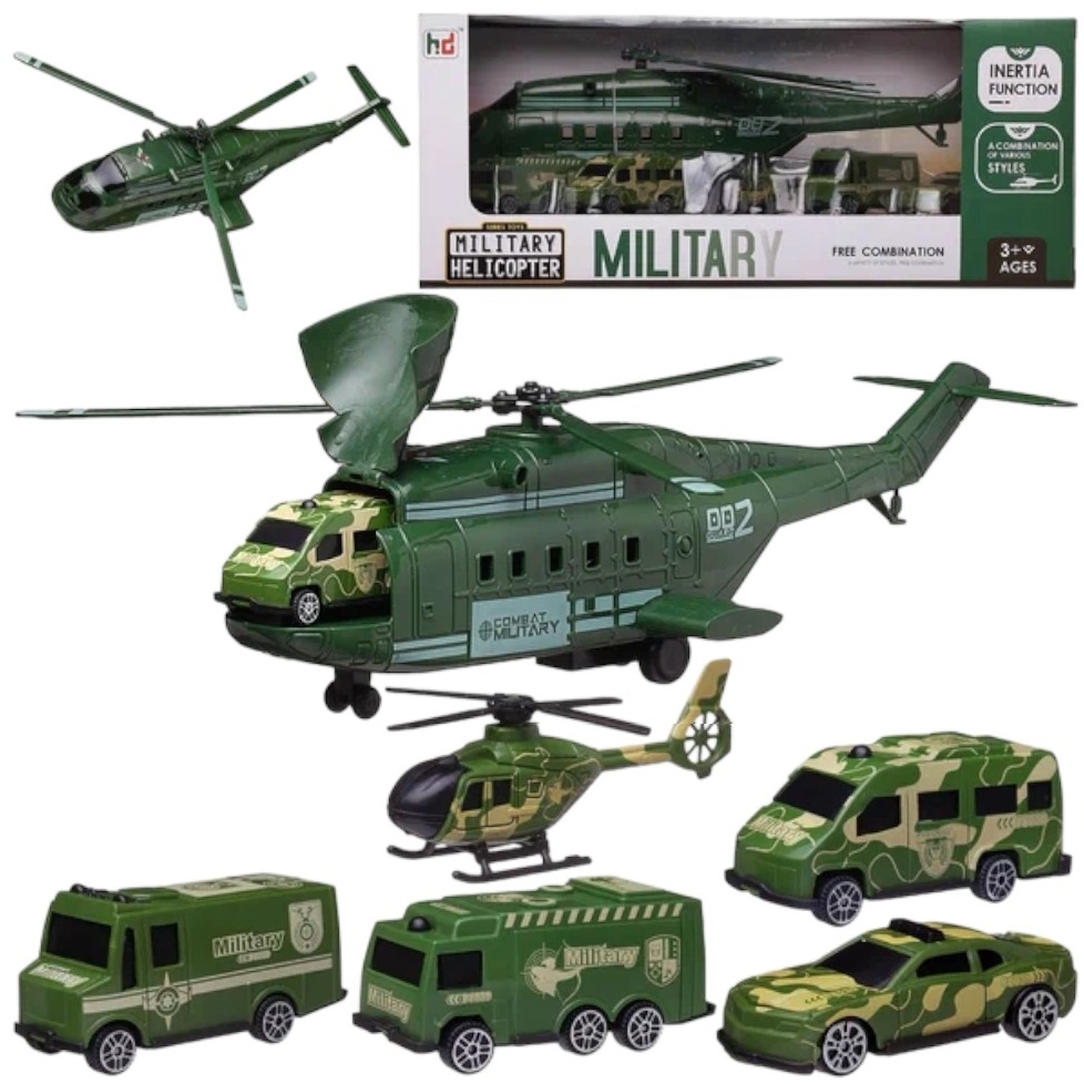 Набор игровой "Вертолет военный грузовой с 4 машинками и вертолетом", в коробке, арт. WZ-26394
