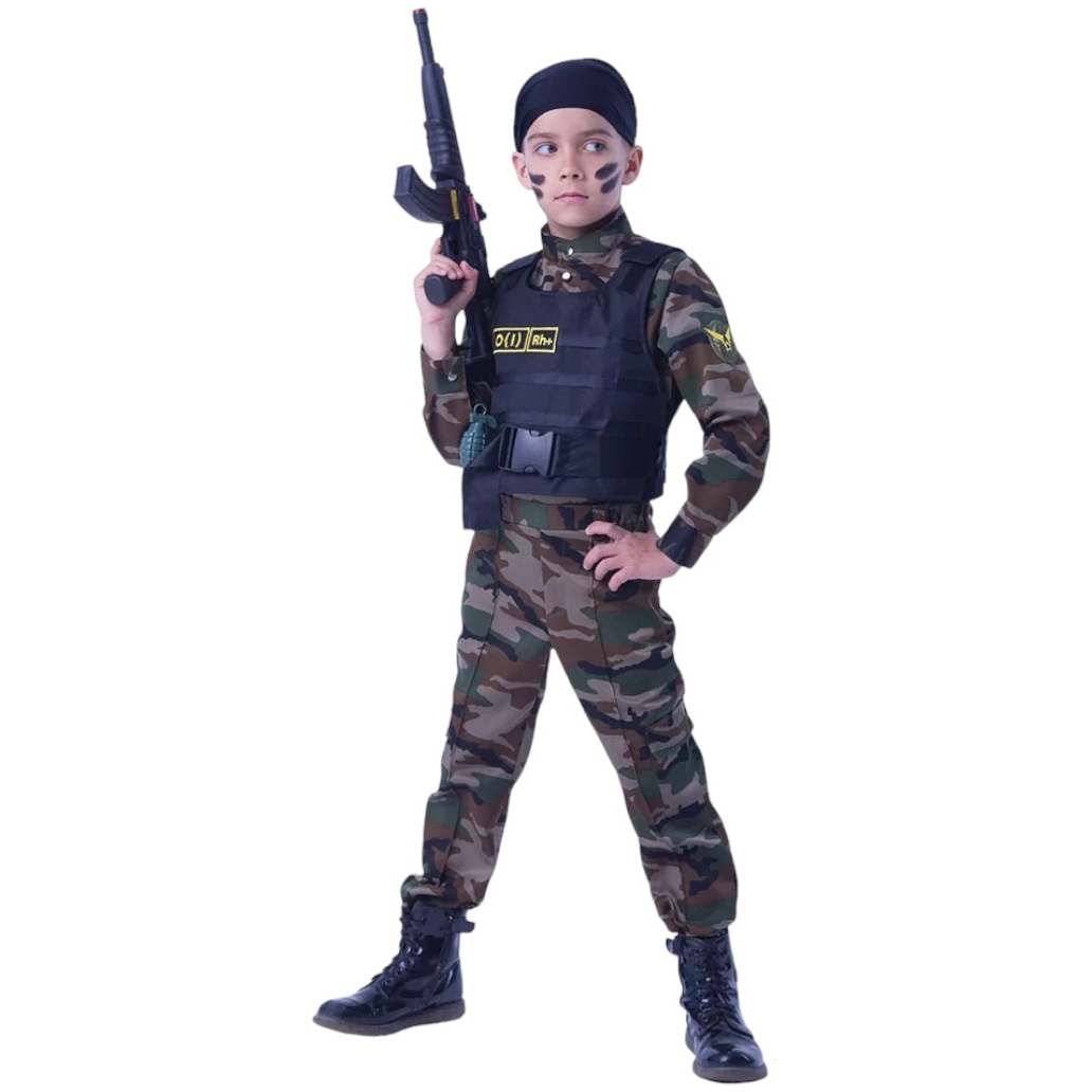 Карнавальный костюм "Спецназ" (рубашка,брюки,бронежилет,бандана,автомат) р. 152-80