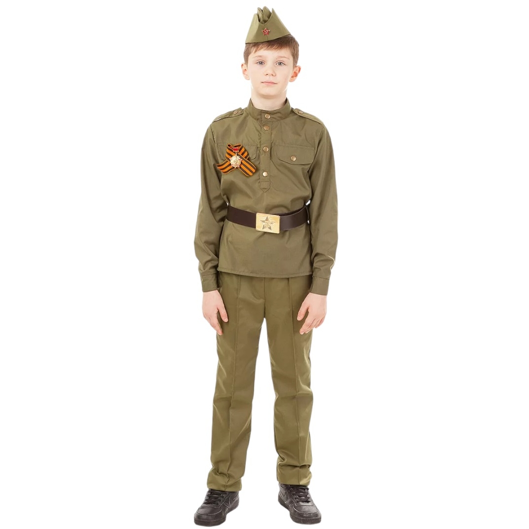 Карнавальный костюм "Солдат" (гимнастерка,брюки,пилотка,ремень,георгиевская лента) р. 164-88