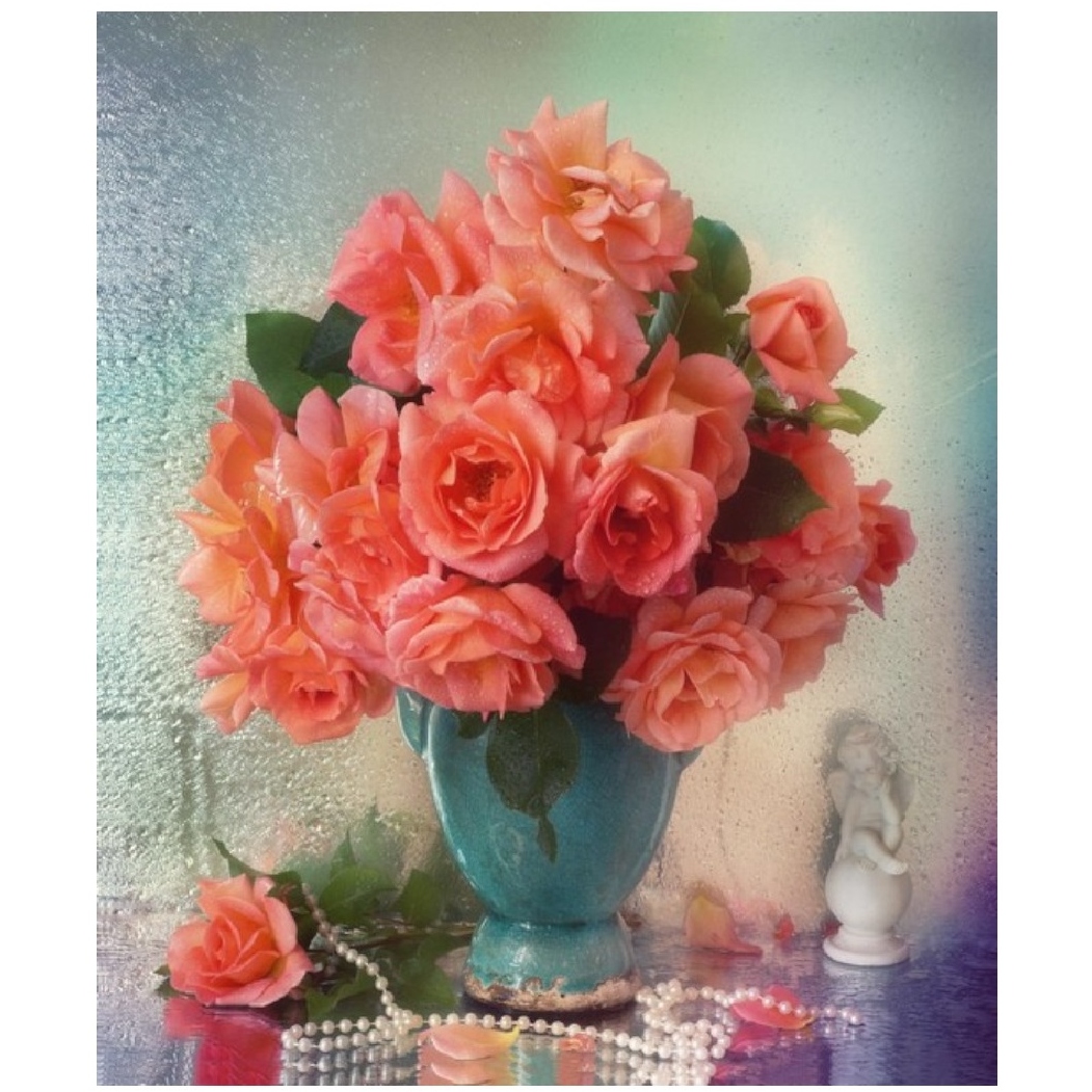 Холст с красками 30х40 см. по номерам (20цв.) Розовые розы и натуральный жемчуг ( Арт. ХК-6320) ХК-6320