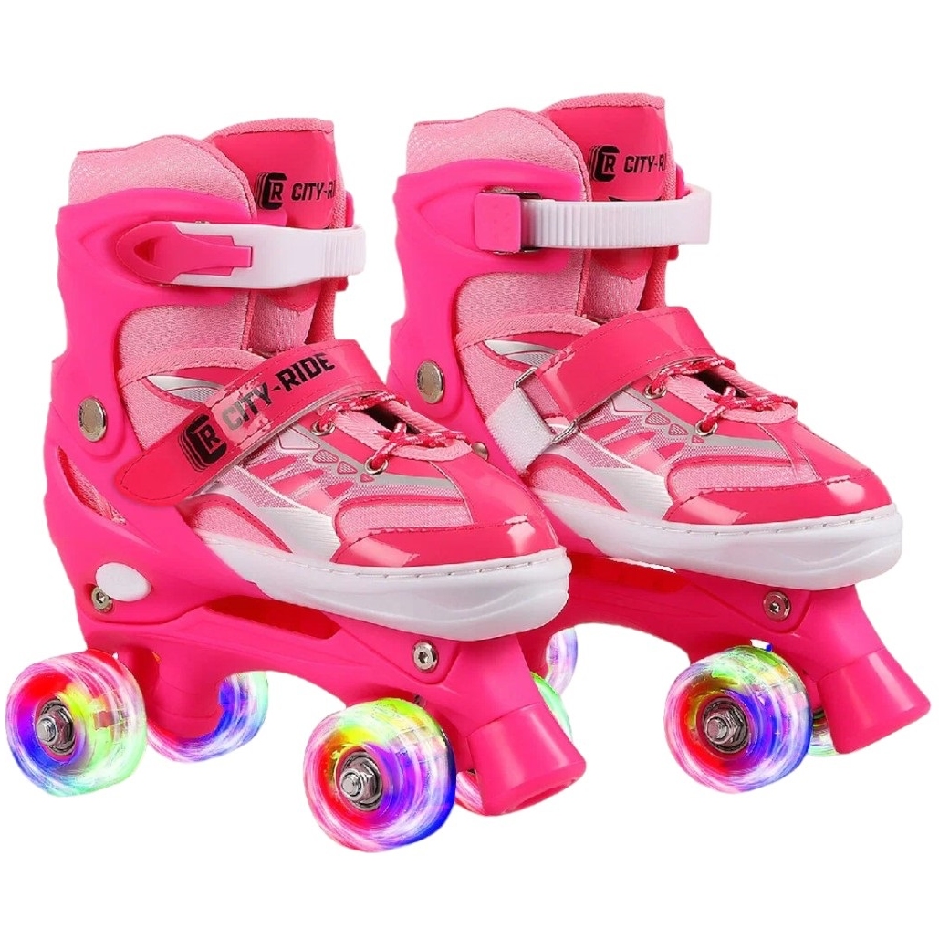 Роликовые коньки (КВАДЫ), с передним тормозом, PVC колеса, все колеса светящиеся,4 розовых колеса, цвет розовый, в/к 12х38х27 см (M (34-38)(JB0206036)) JB8800075