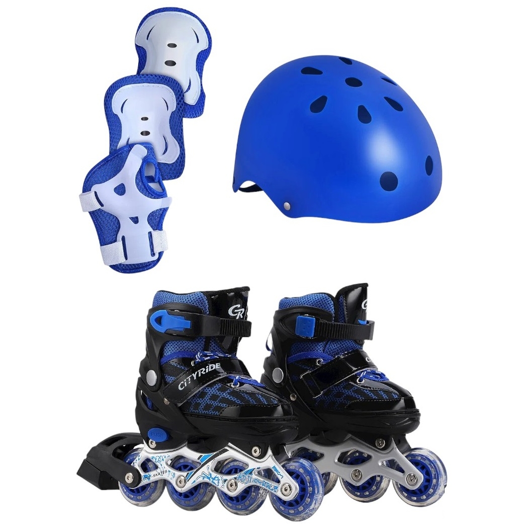 Комплект (ролики, защита, шлем, конусы 5 шт), передне колесо со светом, M размер (34-38), ABEC 5, цвет син в н/сумке JB0210516