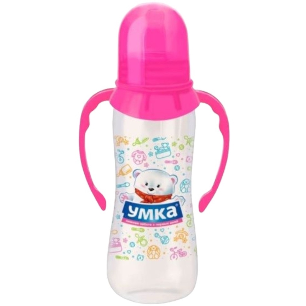 Бутылочка для кормления с ручками с силиконовой соской ТМ"Умка" от 6 мес. 250 мл.(розовая)*12