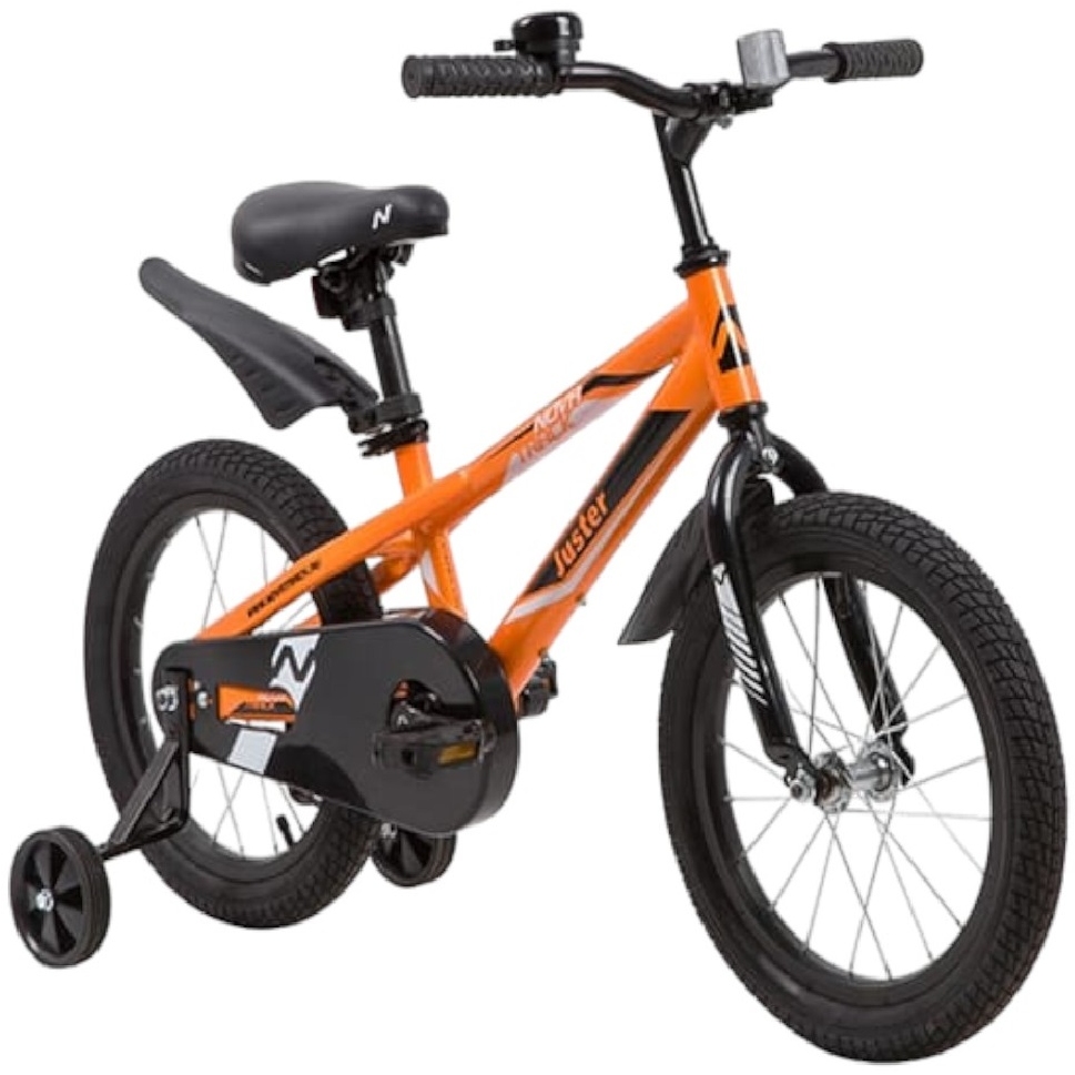 Велосипед NOVATRACK 14", JUSTER, оранжевый, тормоз ножной, полная защита цепи,чёрные крылья 163064