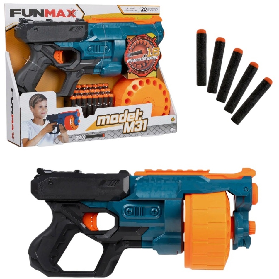 1toy Funmax "M31" бластер механич., барабан на 18 выстрелов, в компл. 24 EVA снаряда. Т24244