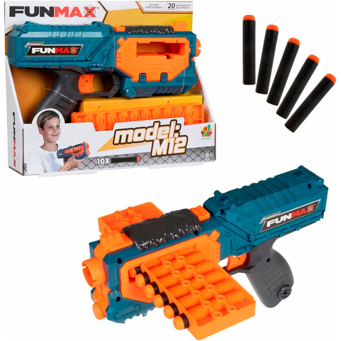 1toy Funmax "M12" бластер механич., обойма на 10 выстрелов, в компл. 10 EVA снарядов Т24235