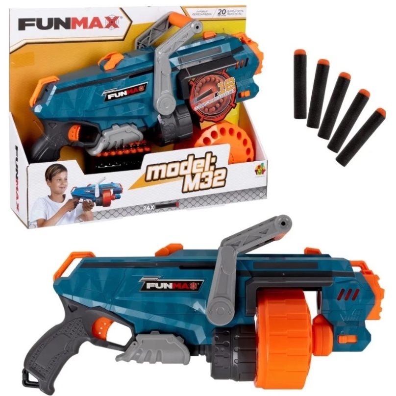 1toy Funmax "M32" бластер механич., барабан на 18 выстрелов, в компл. 24 EVA снаряда Т24247